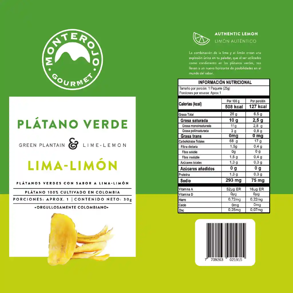Monte Rojo Snack de Plátano Verde sabor Lima Limón 