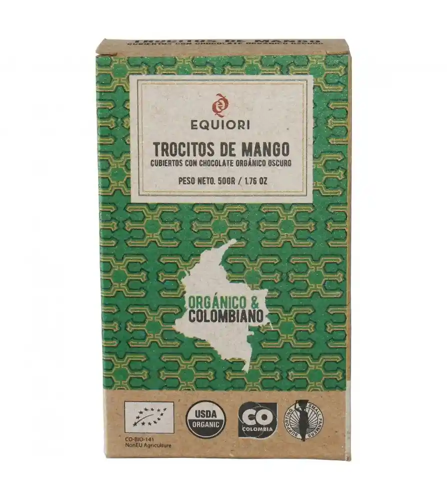 Equiori Trocitos de Mango Cubiertos de Chocolate Orgánico Oscuro