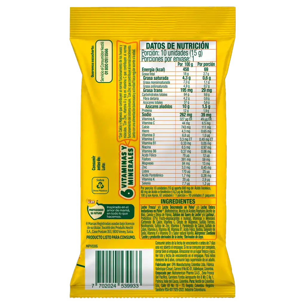 Alimento lácteo KLIM Snacks Sobre 15g