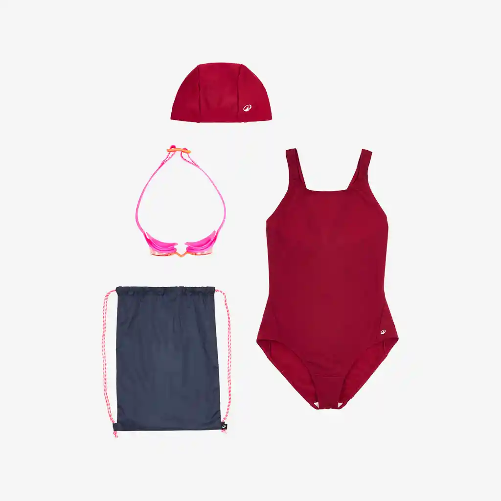 Kit Natación Vestido de Baño + Gafas + Gorro + Tula 100 Niña Morado
