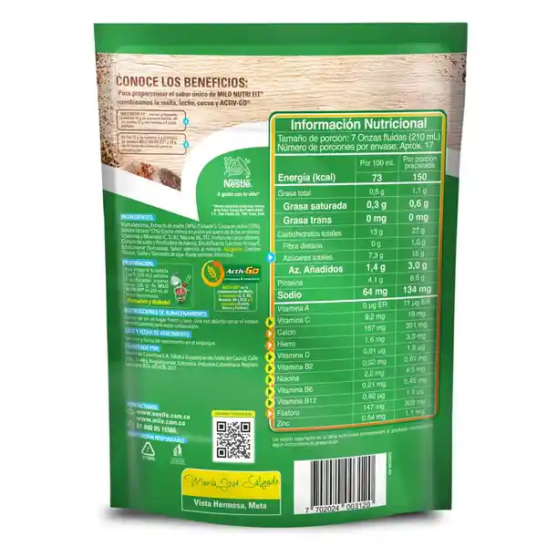 Modificador de leche MILO NUTRI-FIT menos azúcares x 350g