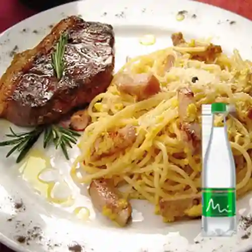 Spaghetti Carbonara c/ Punta de Anca +Manantial c/gas 500ml