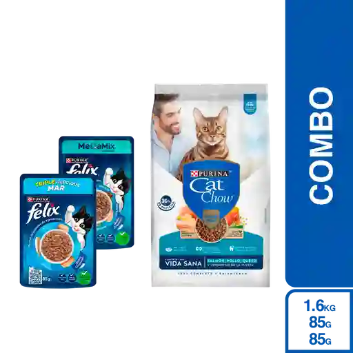 Combo Purina Cat Chow Vida Sana + Felix Snack Camarón + Pollo