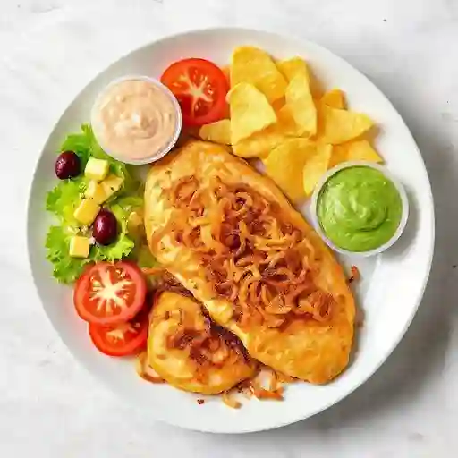 Hamb de pollo (cebolla frita)