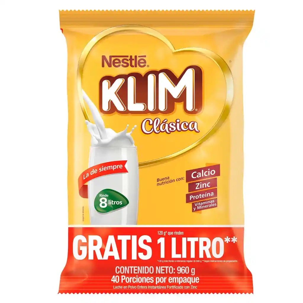 Leche en polvo KLIM Clásica x 960g gratis 120g