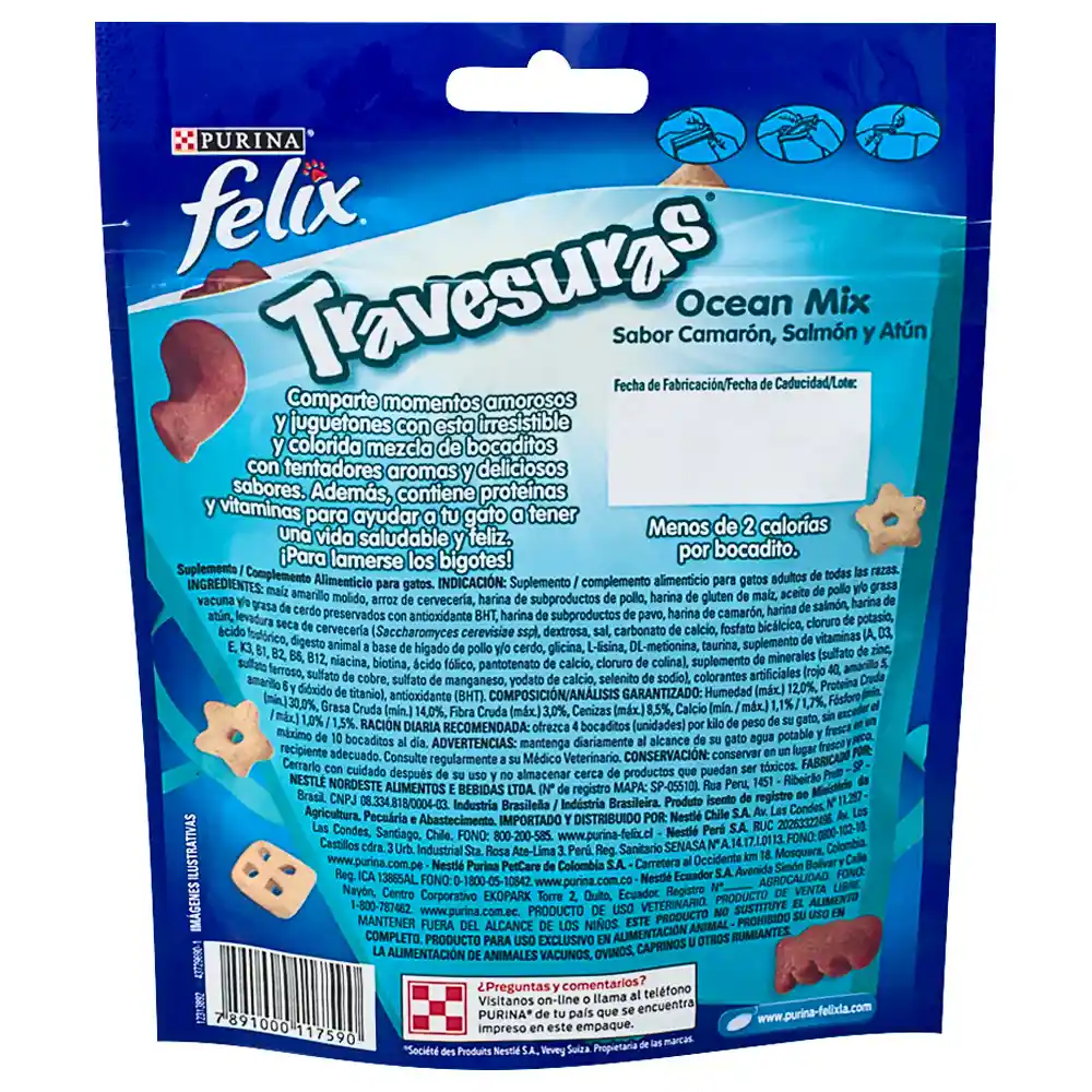 Snack para gatos adultos de todas las razas Purina Felix Travesuras sabor a Camarón, Salmón y Atún x 60gr