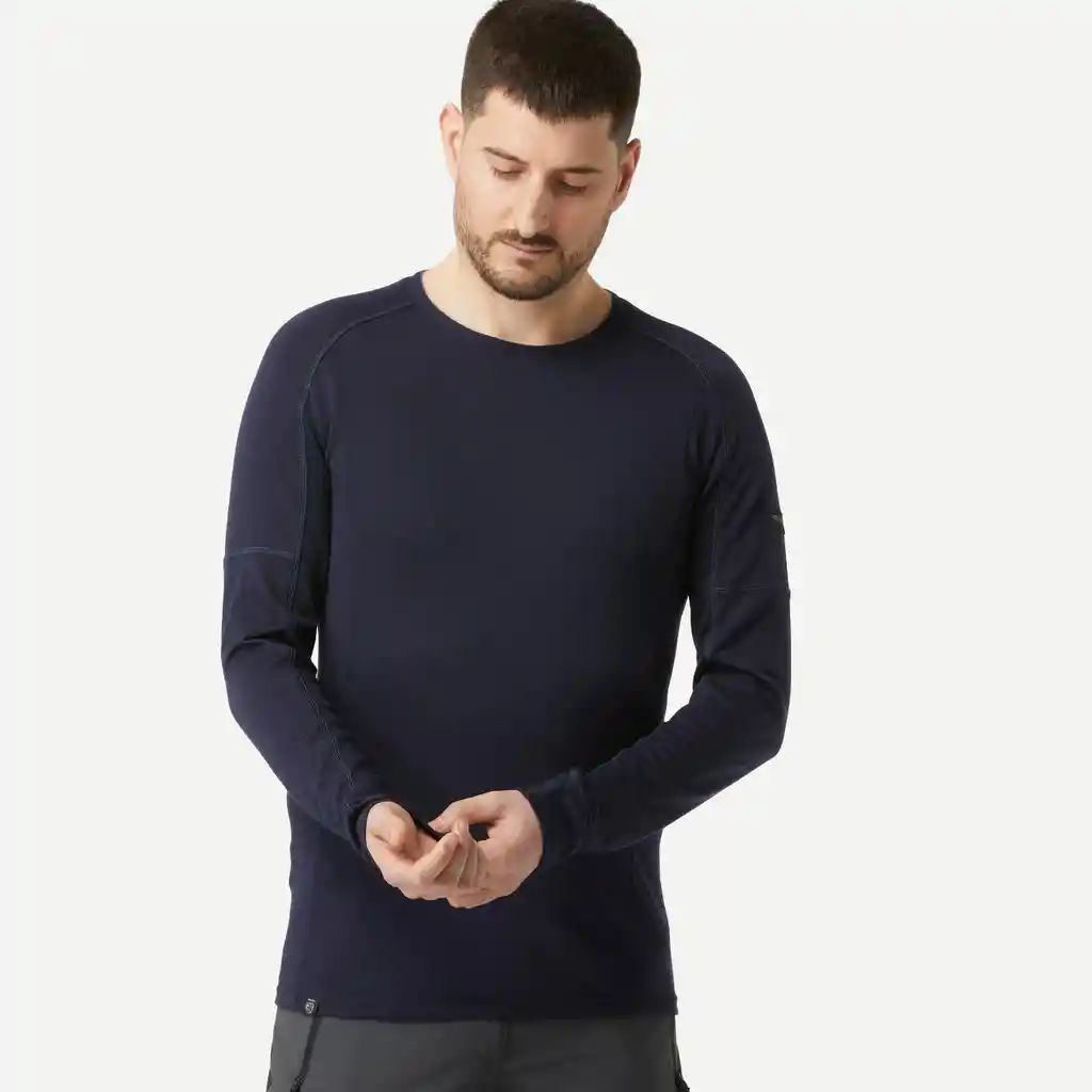 Camiseta Manga Larga de Lana de Merino Para Hombre de Trekking Mt500 Azul