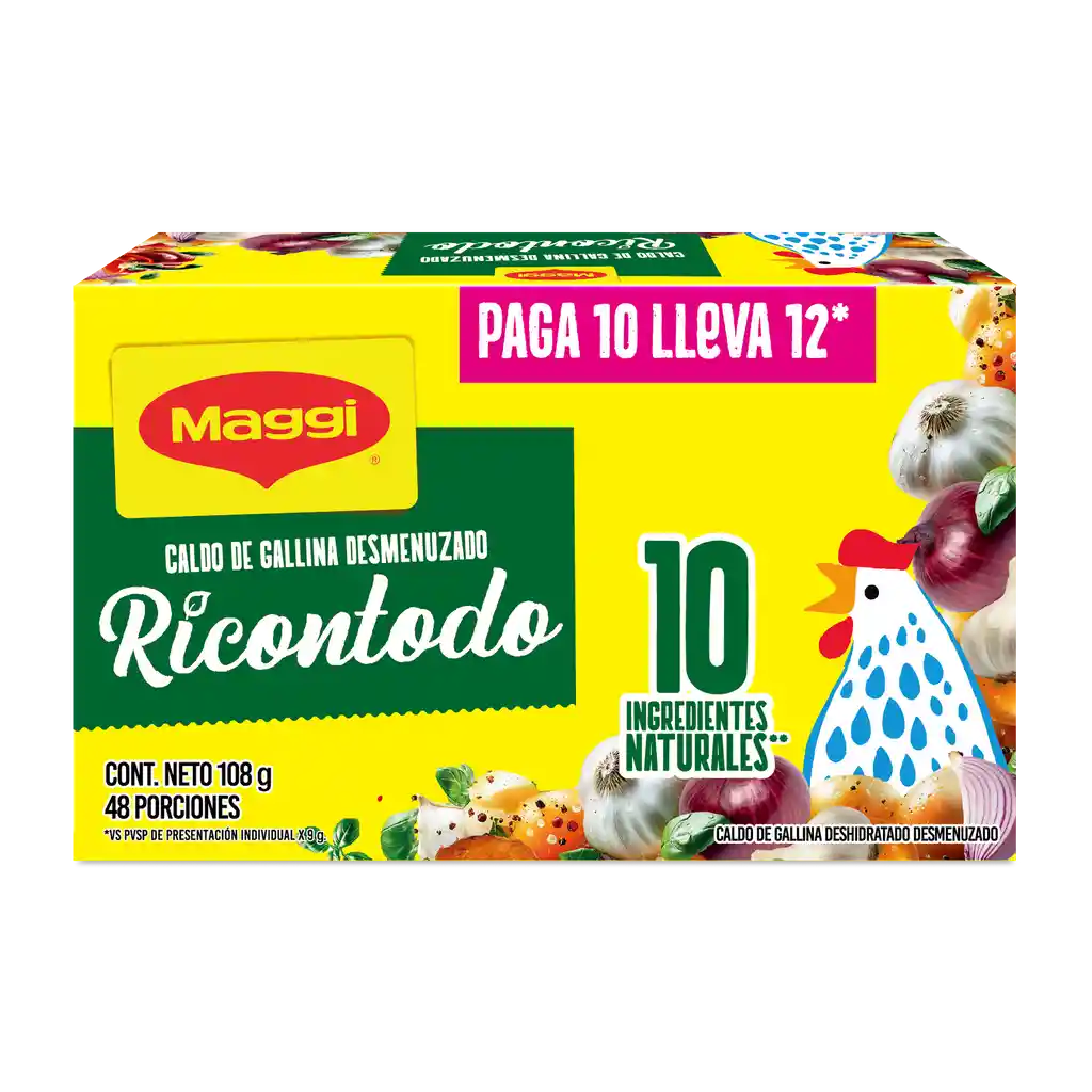 MAGGI Caldo de Gallina Desmenuzado Ricontodo pague 10 lleve 12 sobres 9g c/u