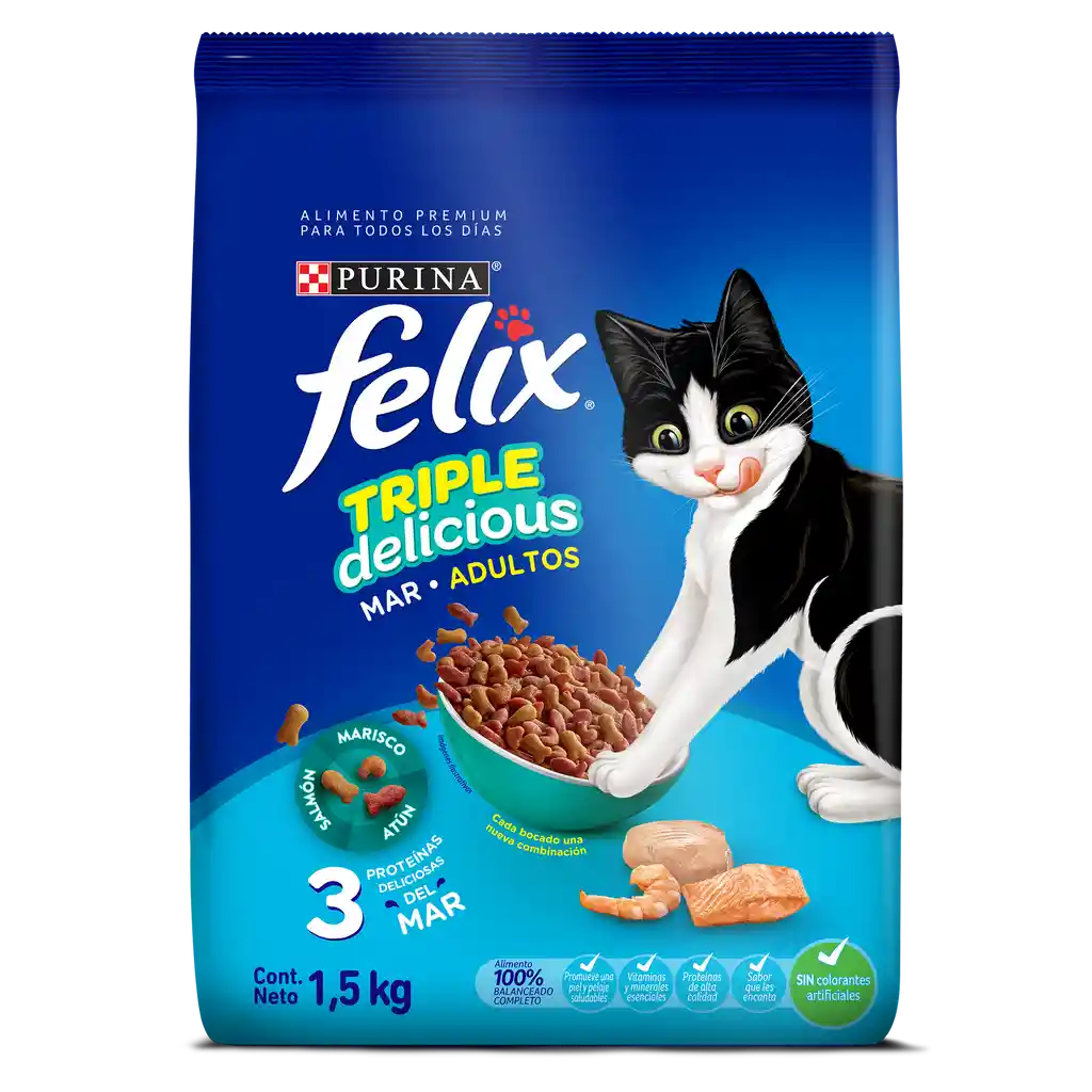 Comida para Gatos Purina Felix adulto Triple delicious mar x 1.5 kg