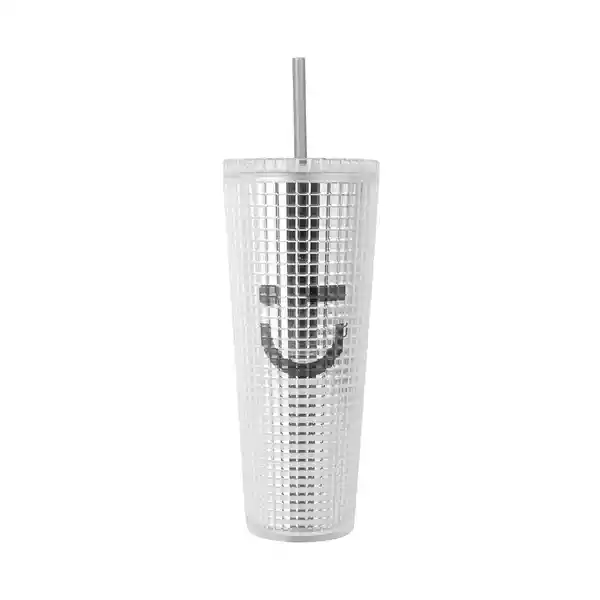 Vaso Plástico de Doble Capa Con Pitillo Serie Silver Grey Miniso