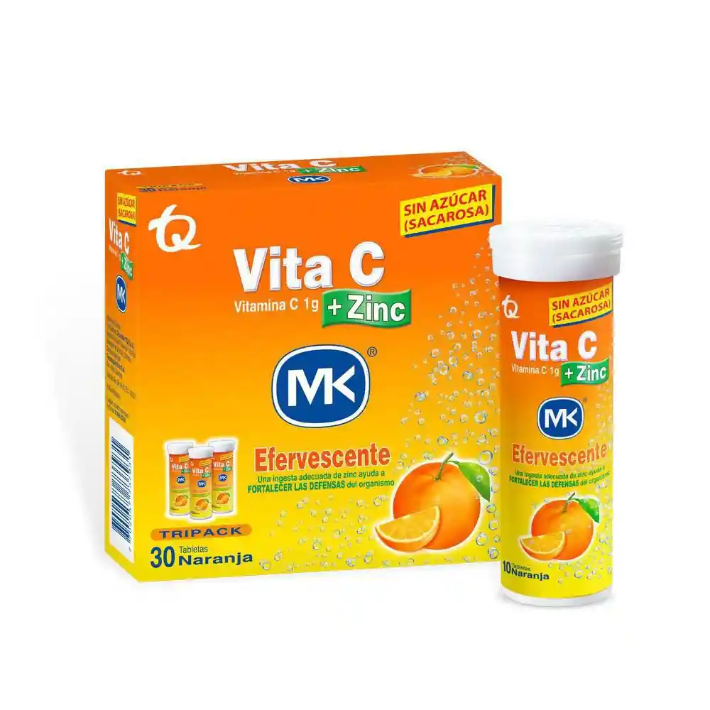 Tripack Vita C + Zinc MK Efervescente 1gr. Vitamina C Naranja 30 tabletas