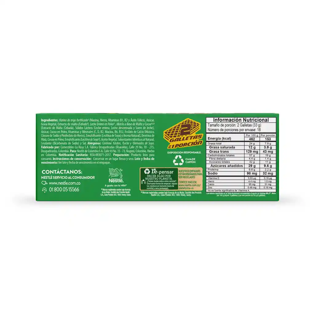 Galleta wafer de chocolate, rellena de crema de MILO 33 gr por 18 unidades
