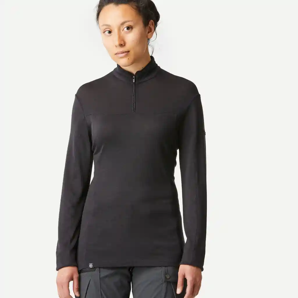 Camiseta de Lana Merino Para Trekking Mujer Forclaz Mt500 Negro