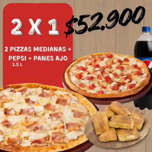 2 Pizzas mediana+ gaseosa 1.5l+panes ajo
