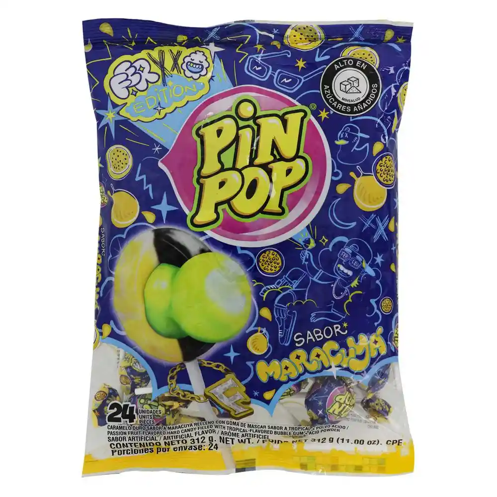 Pin Pop Caramelo Duro Maracuyá Relleno con Goma de Mascar