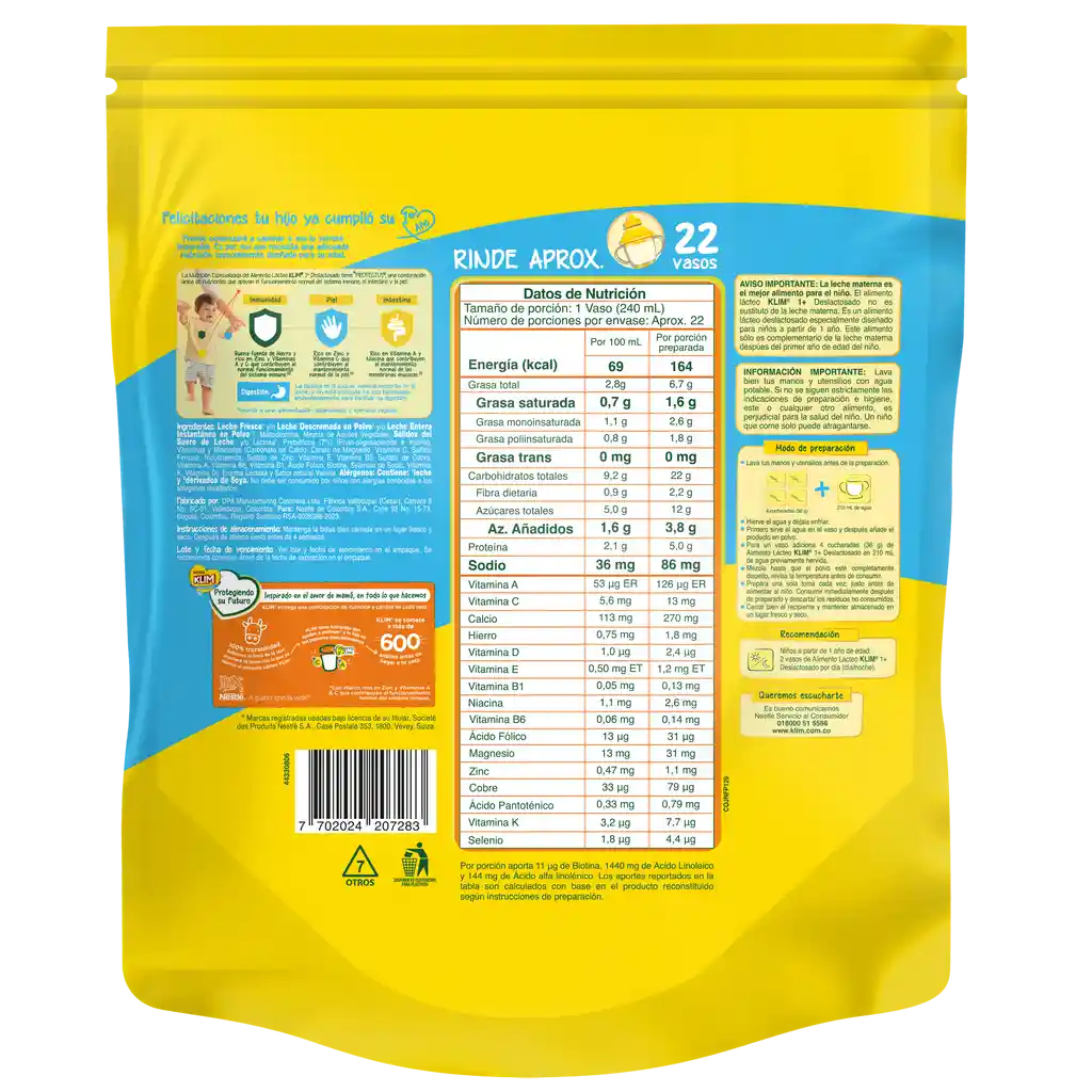 Alimento lácteo KLIM 1+ Deslactosado x 800g