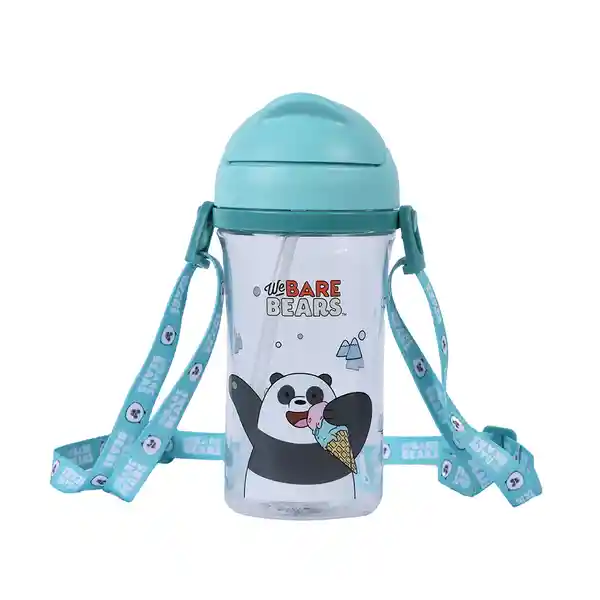 Vaso Plástico Con Pitillo y Correa Panda Azul 400 mL Miniso