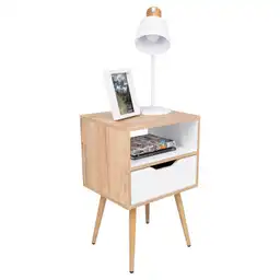 Mesa de Noche Alesio Café Claro y Blanco Con Patas en Madera y Un Cajón