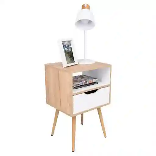 Mesa de Noche Alesio Café Claro y Blanco Con Patas en Madera y Un Cajón