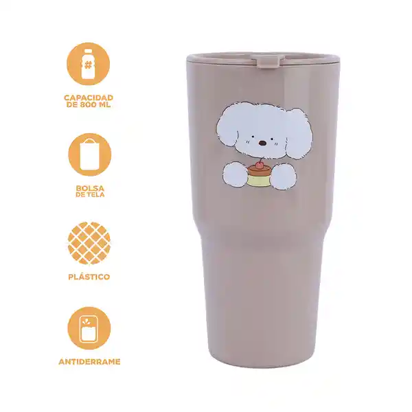 Vaso de Plástico Guji Guji Con Bolsa de Tela Café Miniso