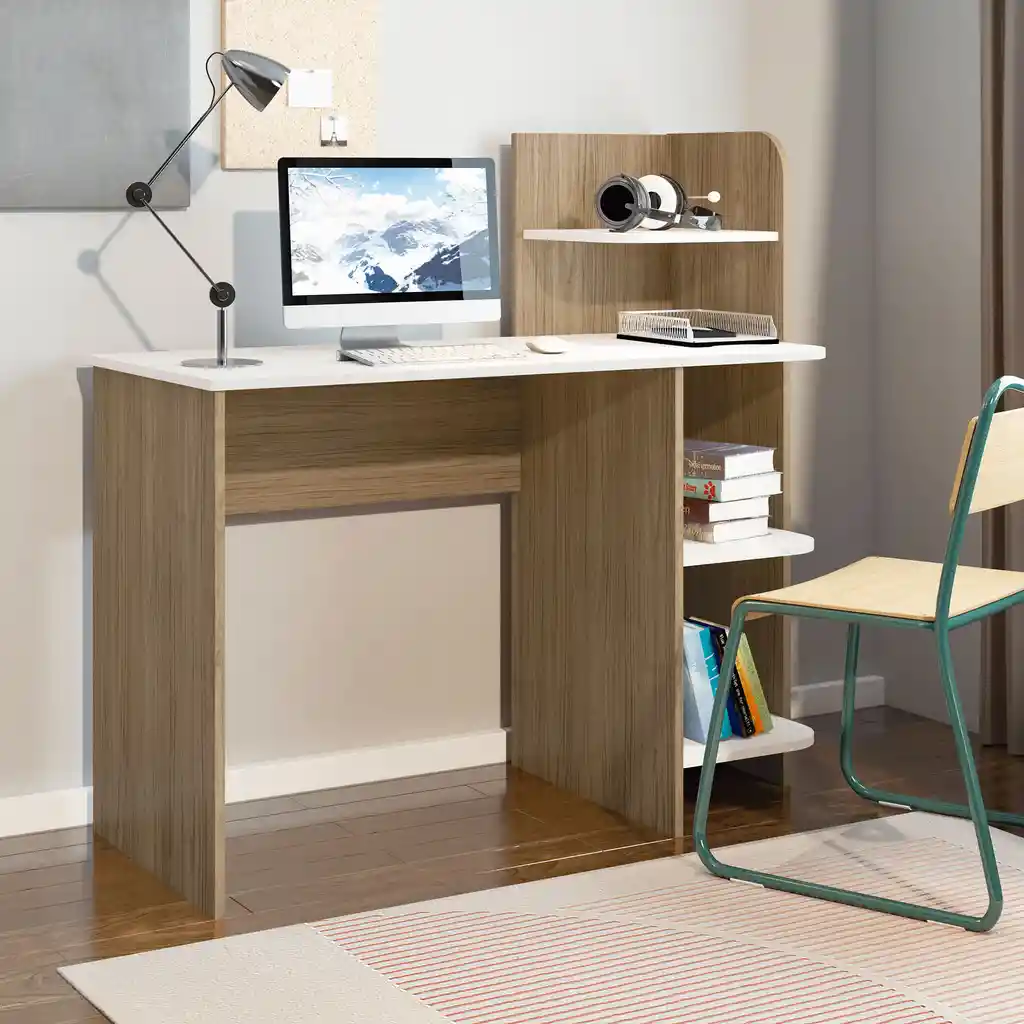 Escritorio Link en Mdp 110 3 Estantes Roble Con Blanco