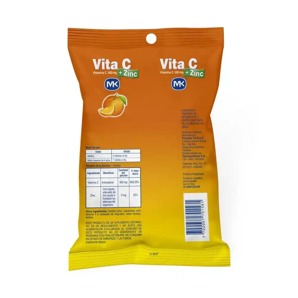 Vita C + Zinc MK Tableta Masticable (500 mg ) 