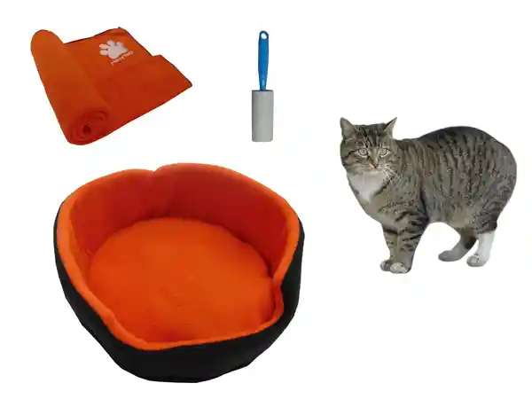 Hally Pets Set Gato Cama + Cobija + Quitamotas Naranja OT0011