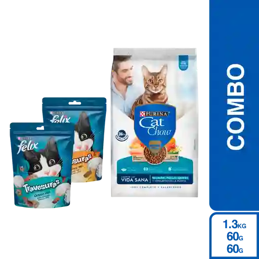 Combo Purina Cat Chow Vida Sana + Felix Snack Camarón + Pollo