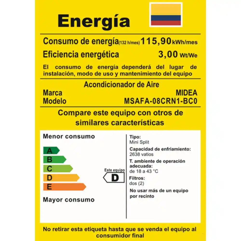 Aire Acondicionado Convencional Midea 9000 Btu 110 V Msafa08crn1bc0co