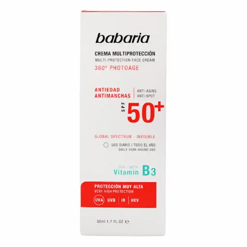 Babaria Crema Facial Protección Solar Vit B3 Sin Color Spf 50