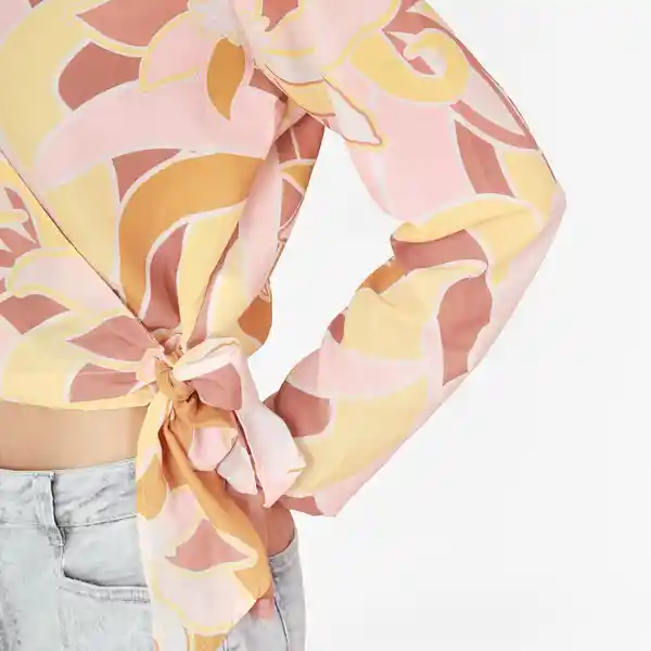 Blusa Cuello V Manga Larga Con Lazo Multicolor Talla M 694612