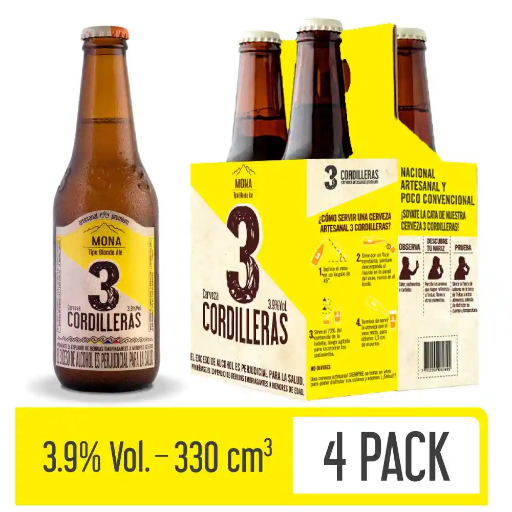 3 Cordilleras Cerveza Mona Bnr 330 mL x 4 Und