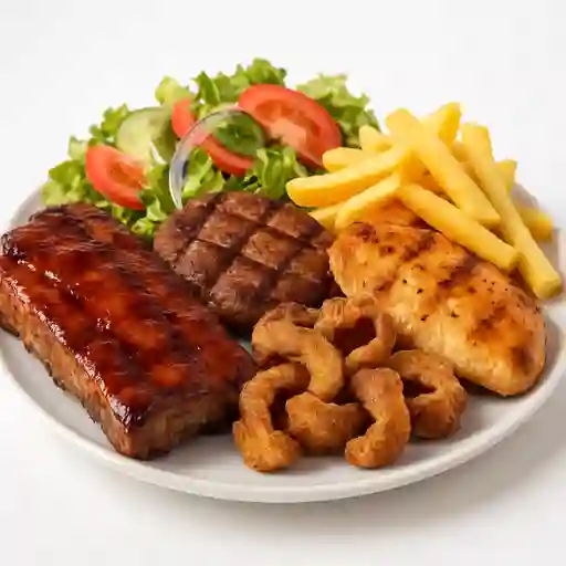 Parrillada Mr. Parrilla Costilla de Cerdo, Res, Pechuga y Chicha