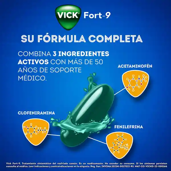 Vick Fort-9 multisintomas gripal con Acetaminofen Clorfeniramina y fenilefrina con 12 cápsulas