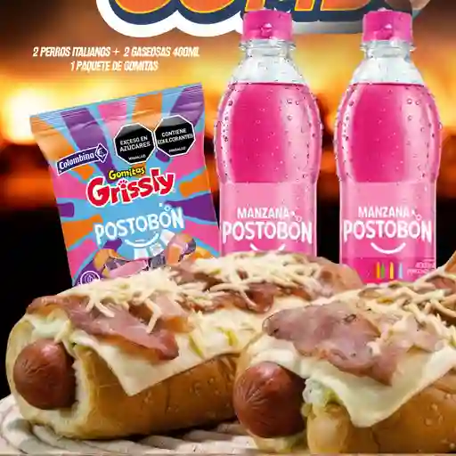 Combo 2perros italiano 2gaseosas + 1goma