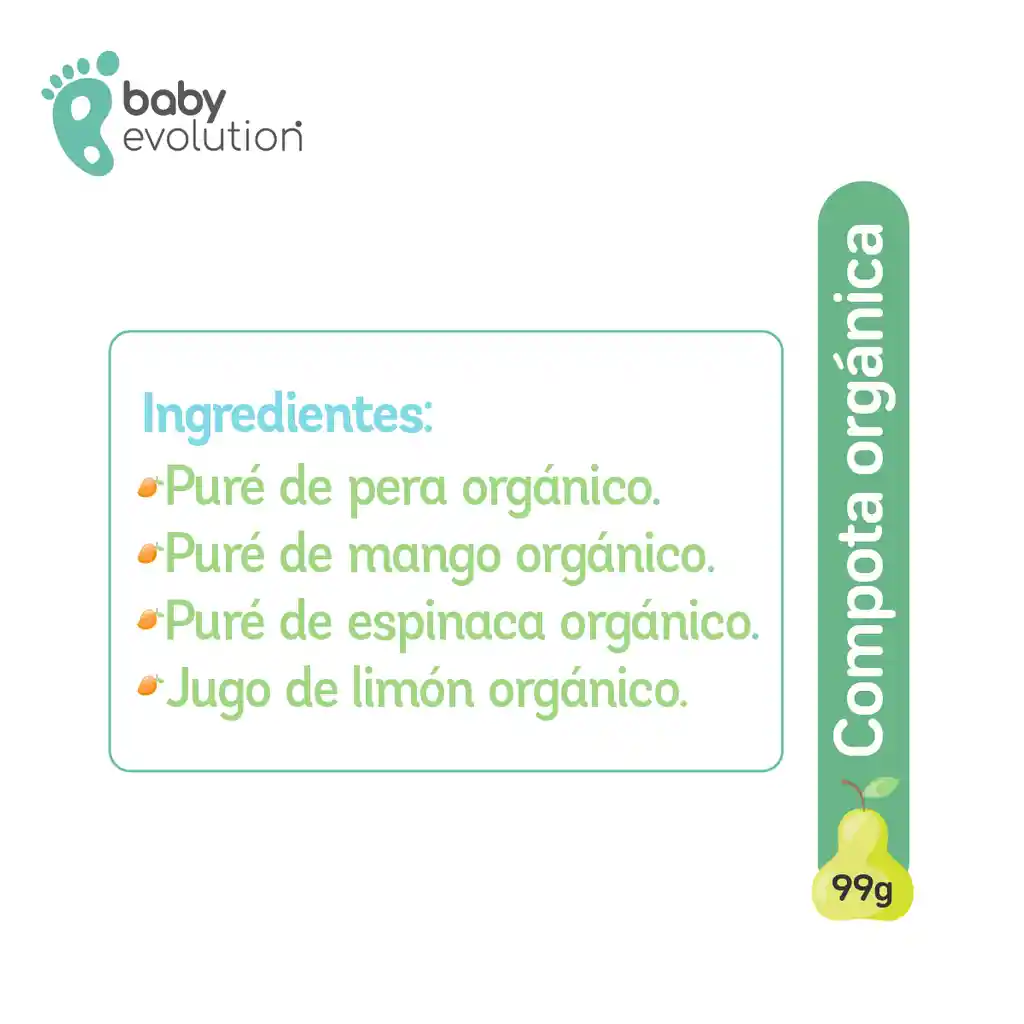 Baby Evolution Compota Orgánica  Pera Mango Espinaca. 0g de azúcar añadido.