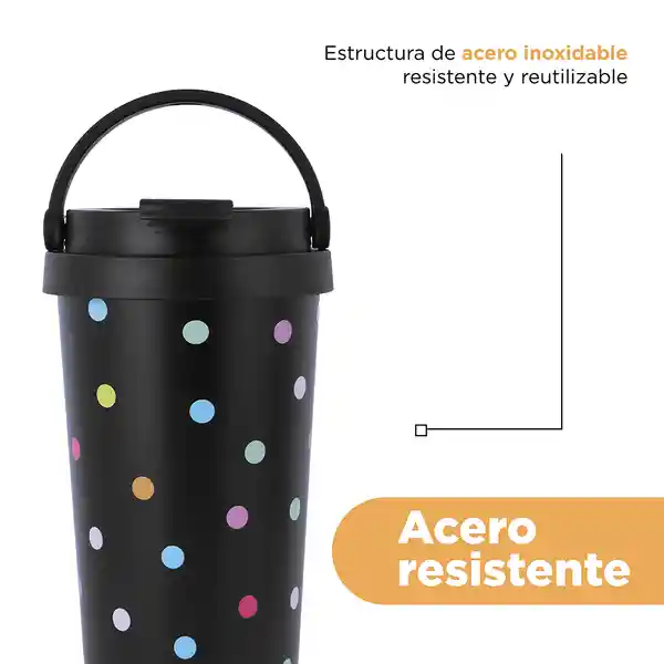 Vaso Acero Asa Dots Negro 500 mL Miniso
