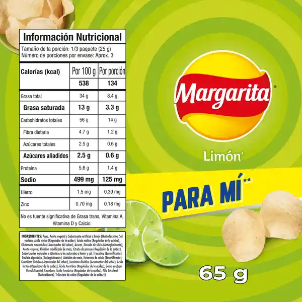 Margarita Snack Papas Limon 65 g