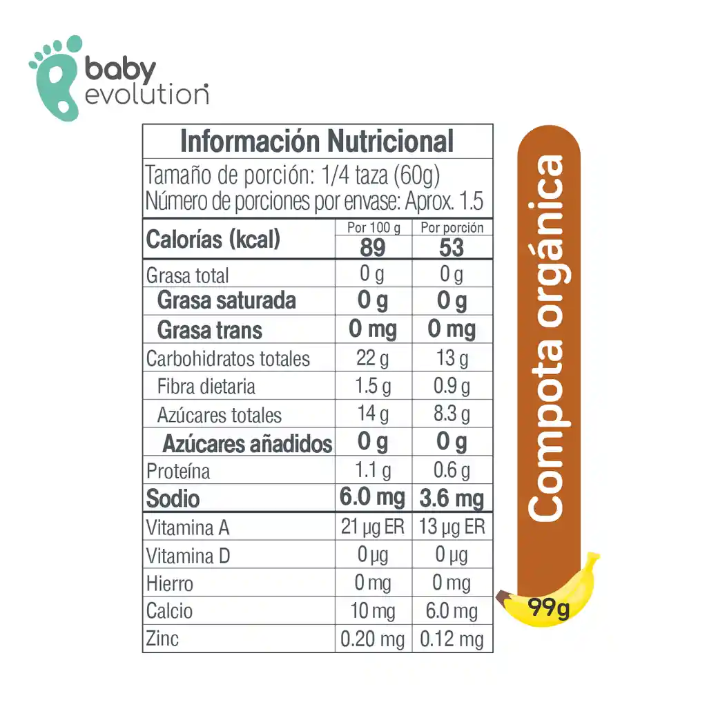 Baby Evolution Compota Orgánica  Banano Avena. 0g de azúcar añadido.