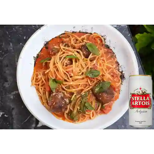 Combo Spaghetti Meatballs + Stella Artois 330 ml