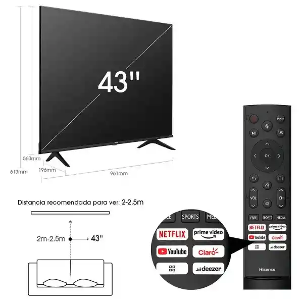 Hisense Televisor 43" Led Uhd 4k Smart Tv 43a6hv
