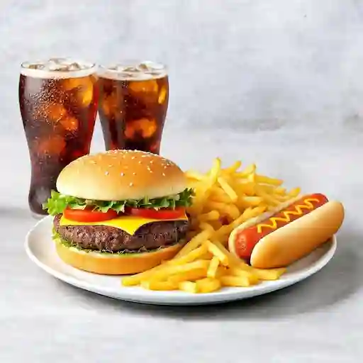 1 Hamburguesa de Carne + 1 Perro Corriente + Papas + Gaseosas