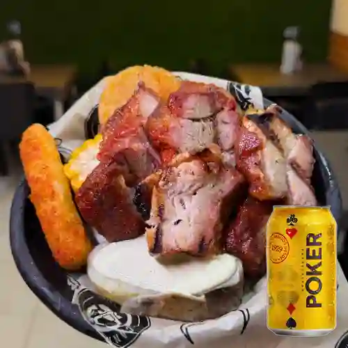 Combo Chicharrón Al Barril + Cerveza Poker Lta 330ml