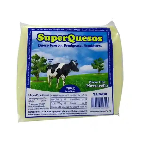 Queso Mozzarella Super Quesos Tajado