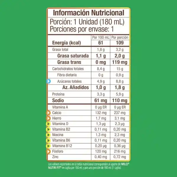 Leche Malteada MILO NUTRI-FIT menos azúcares cajita x 180ml