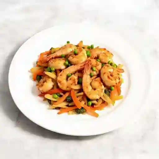 Camaron teriyaki sobre base de vegetales