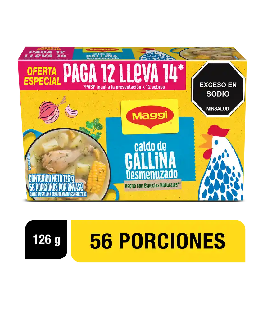 Caldo de Gallina MAGGI Desmenuzado paga 12 lleva 14 sobres x 126g