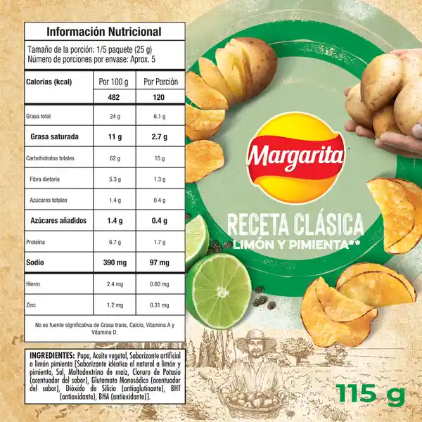 Margarita Snack Papas Receta Clasica Limon Pimienta 115 g