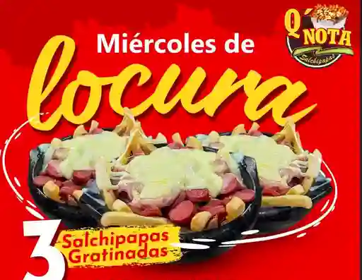 Promoción 3 Salchipapas Extra Gratinadas + Bedida