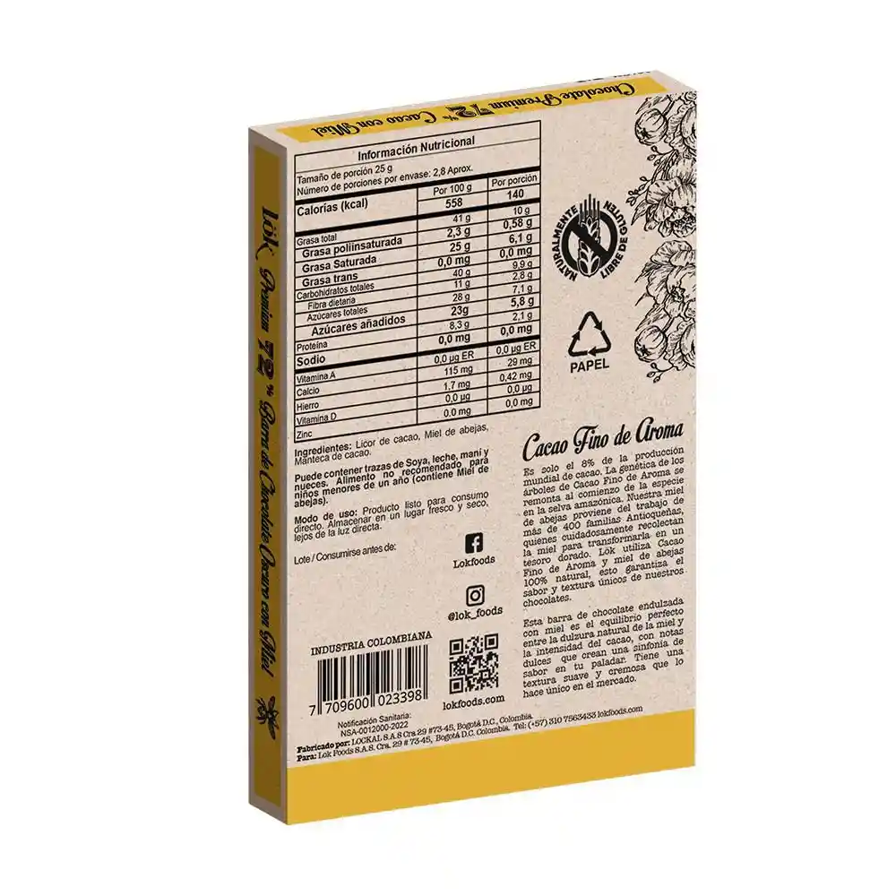 Barra Chocolate Oscuro Miel Abeja Lok Premium Products